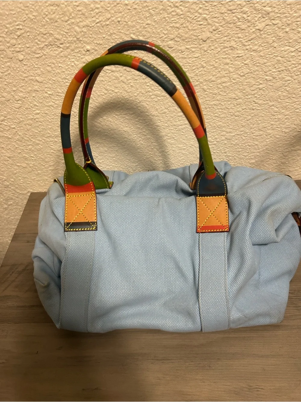 Dooney & Bourke Light Blue Canvas Satchel with Multicolor Striped Handles - Picture 2 of 2